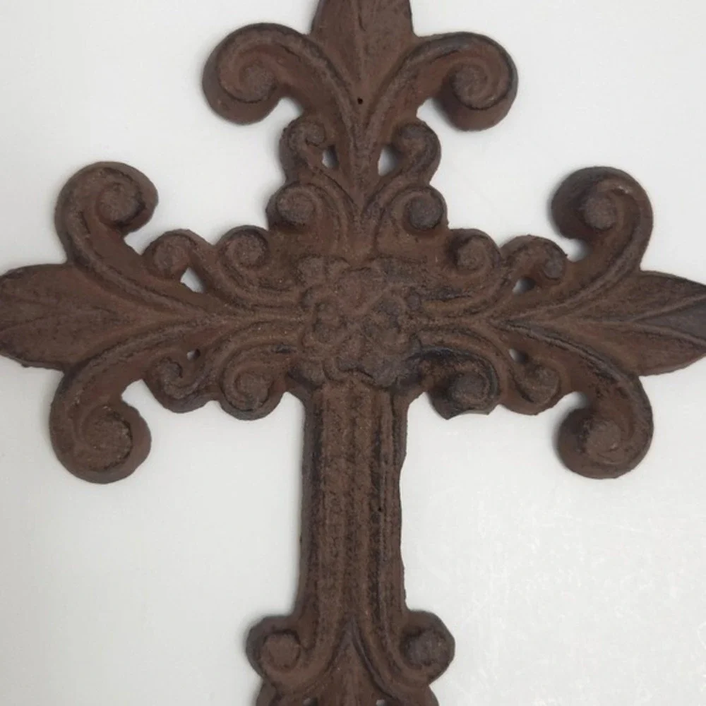 Cast Iron Brown Rusted Metal Fleur‎ de Lis Christian Cross Rustic Wall Art